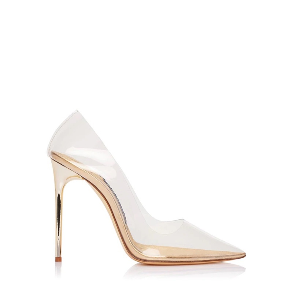 Designer stiletto heels; UNWORN Fancy Stiletto Gold heels from Jessica Rich.